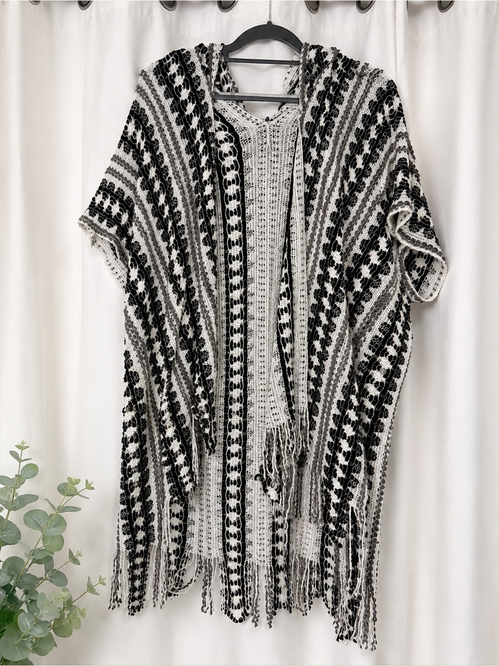 Boho Black Ivory Gray Hooded Knit Poncho Cardigan Fringe Open Front
